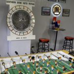A foosball table and prize wheel is located in the lobby of Southern Dixie.